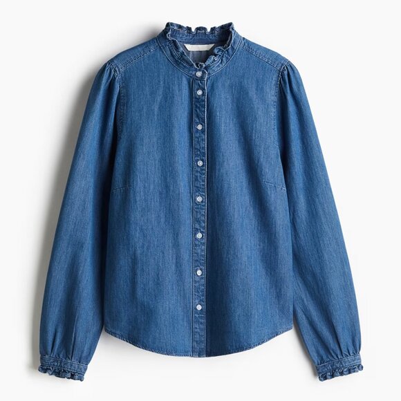 H&M Ruffle-Trimmed Denim Blouse, XS - Picture 1 of 5